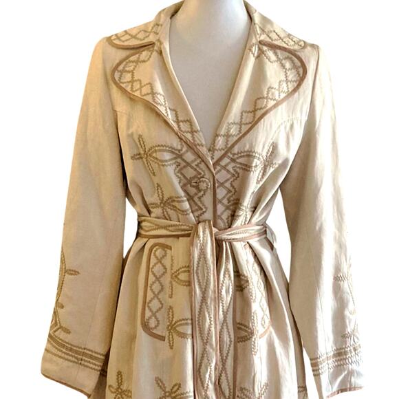 BIYA Collection Silk Linen Blend Embroidered Belted Coat Jacket Size S - Picture 9 of 9